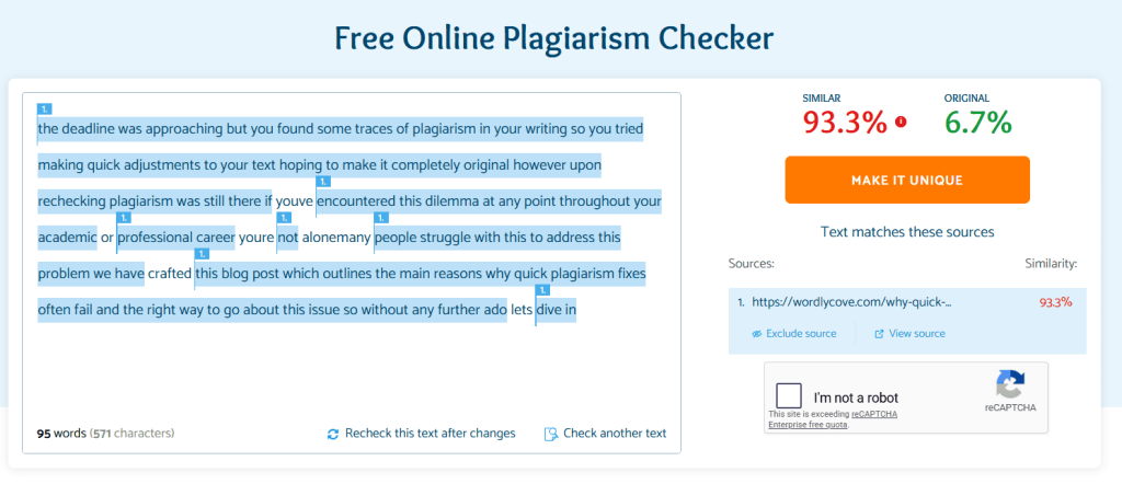 Word-for-Word Duplication result