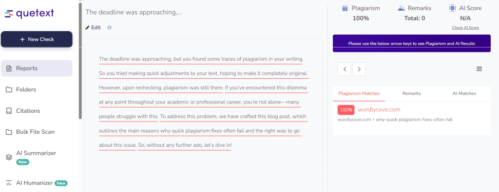 Quetext results