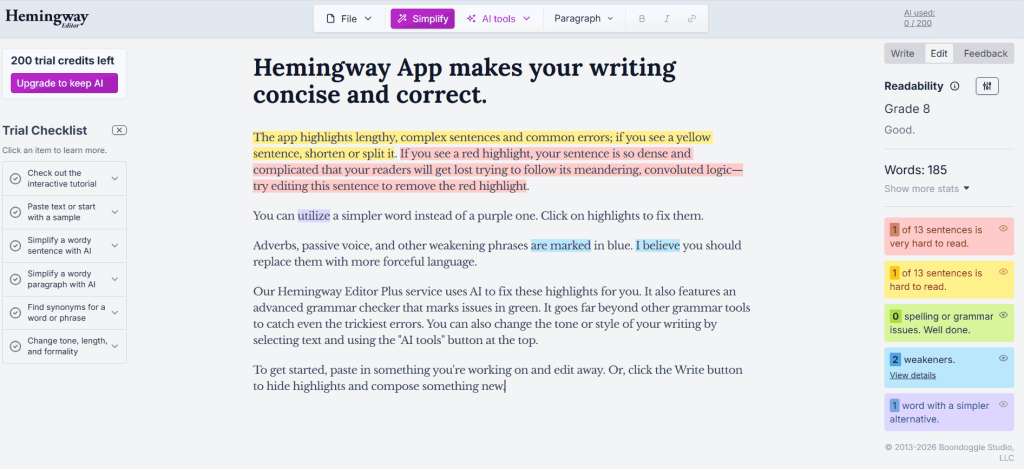 Hemingway Editor best online grammar checker