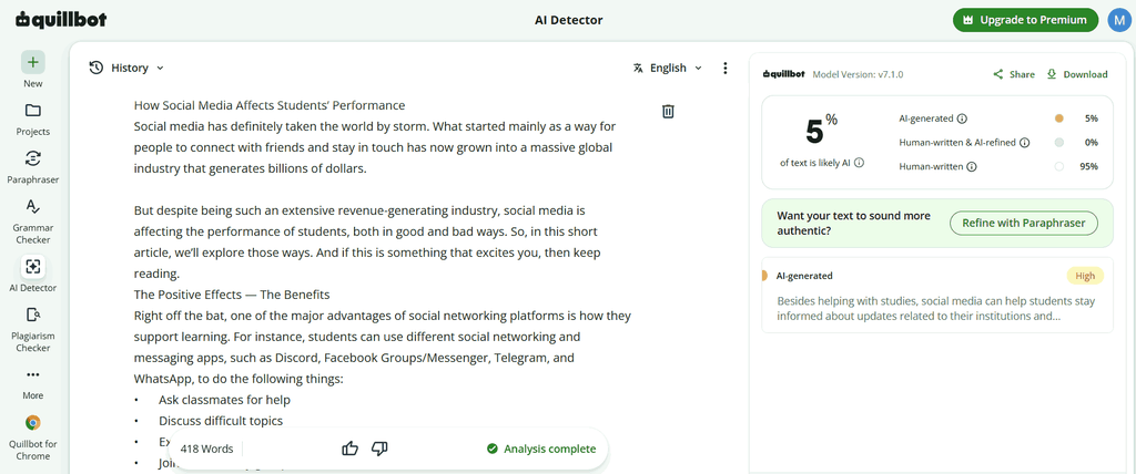 test 3 output AI detector QuillBot